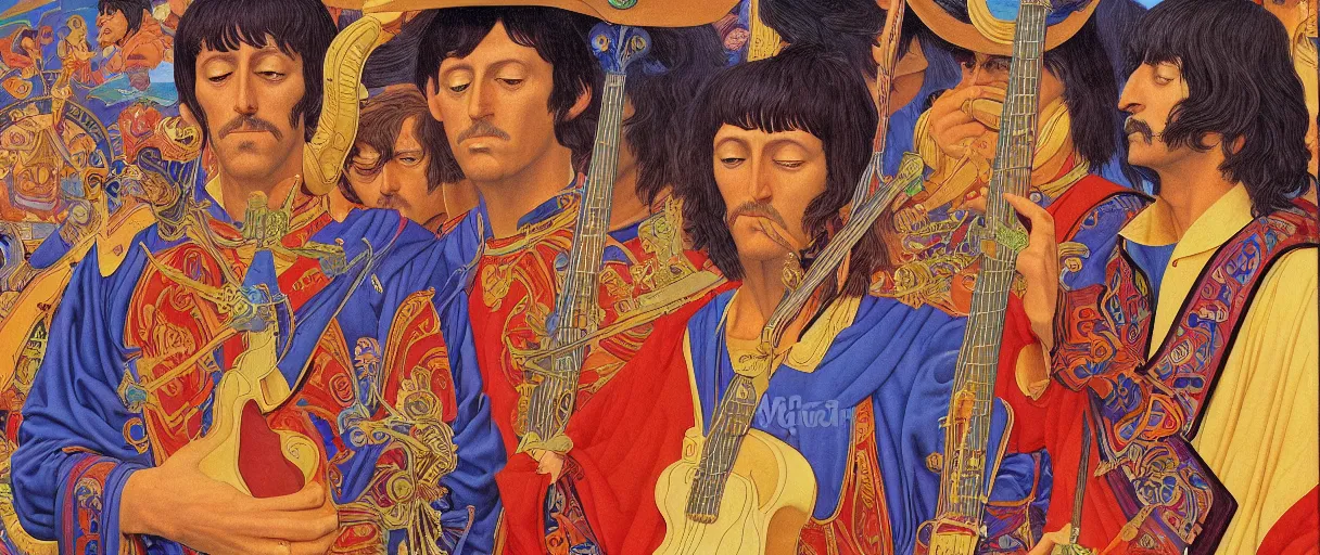 Image similar to a breath - taking jean giraud work of art of the beatles in the style of a renaissance masters portrait, mystical and new age symbolism and tibetan book of the dead imagery, intricately detailed, 4 k