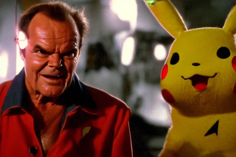 Image similar to Jack Nicholson in costume of Pikachu Terminator scene where his endoskeleton gets exposed and his eye glow red still from the film