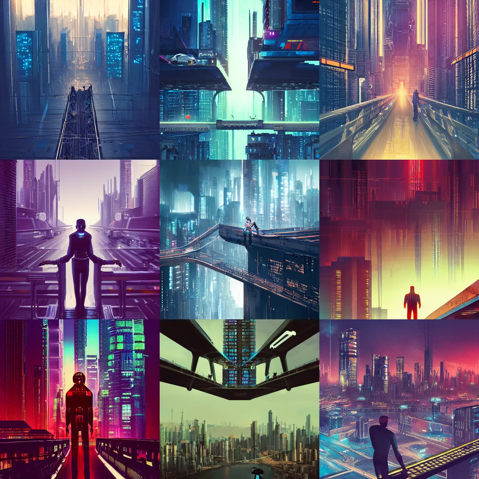 Prompt: a man standing on top of a bridge over a city, cyberpunk art by vincent lefevre, behance contest winner, altermodern, cityscape, synthwave, matte painting