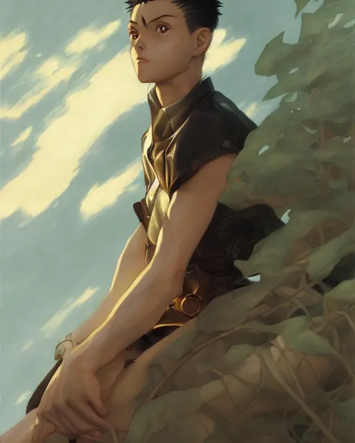 Image similar to Gon from Hunter x Hunter oil on canvas, artstation, by J. C. Leyendecker and Edmund Blair Leighton and Charlie Bowater, octane