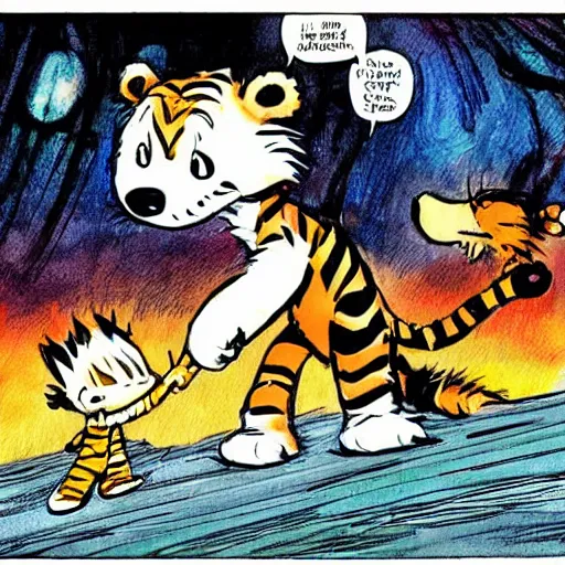 Prompt: calvin and hobbes, drawn by jim lee,