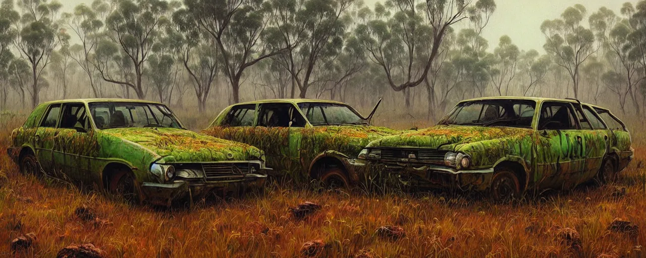 Prompt: hyperealistic painting of an australian landscape, abandoned holden covered with moss. by Simon Stålenhag !