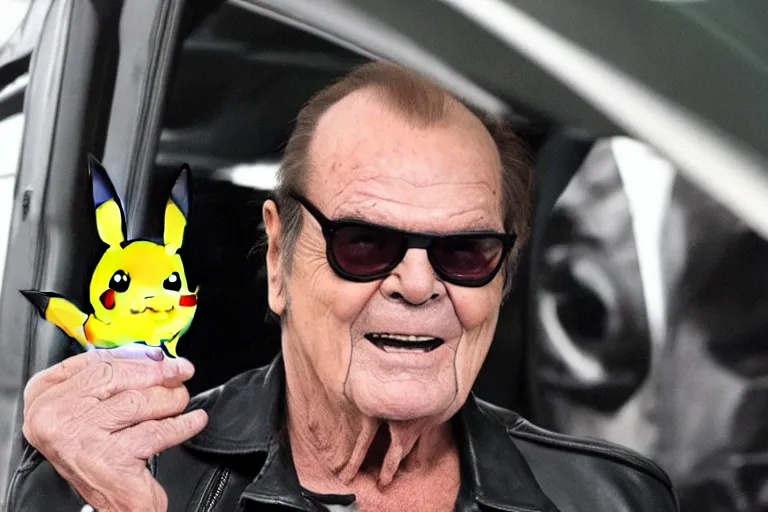 Prompt: Jack Nicholson plays Pikachu Terminator, wearing leather jacket, getting from the car