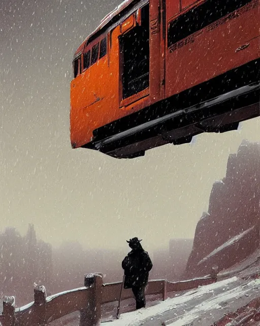 Image similar to a highly detailed epic cinematic concept art CG render digital painting artwork: Railroad in snowy landscape of Siberia and worker in orange west. By Greg Rutkowski, in the style of Francis Bacon and Syd Mead and Norman Rockwell and Beksinski, open ceiling, highly detailed, painted by Francis Bacon and Edward Hopper, painted by James Gilleard, surrealism, airbrush, Ilya Kuvshinov, WLOP, Stanley Artgerm, very coherent, triadic color scheme, art by Takato Yamamoto and James Jean