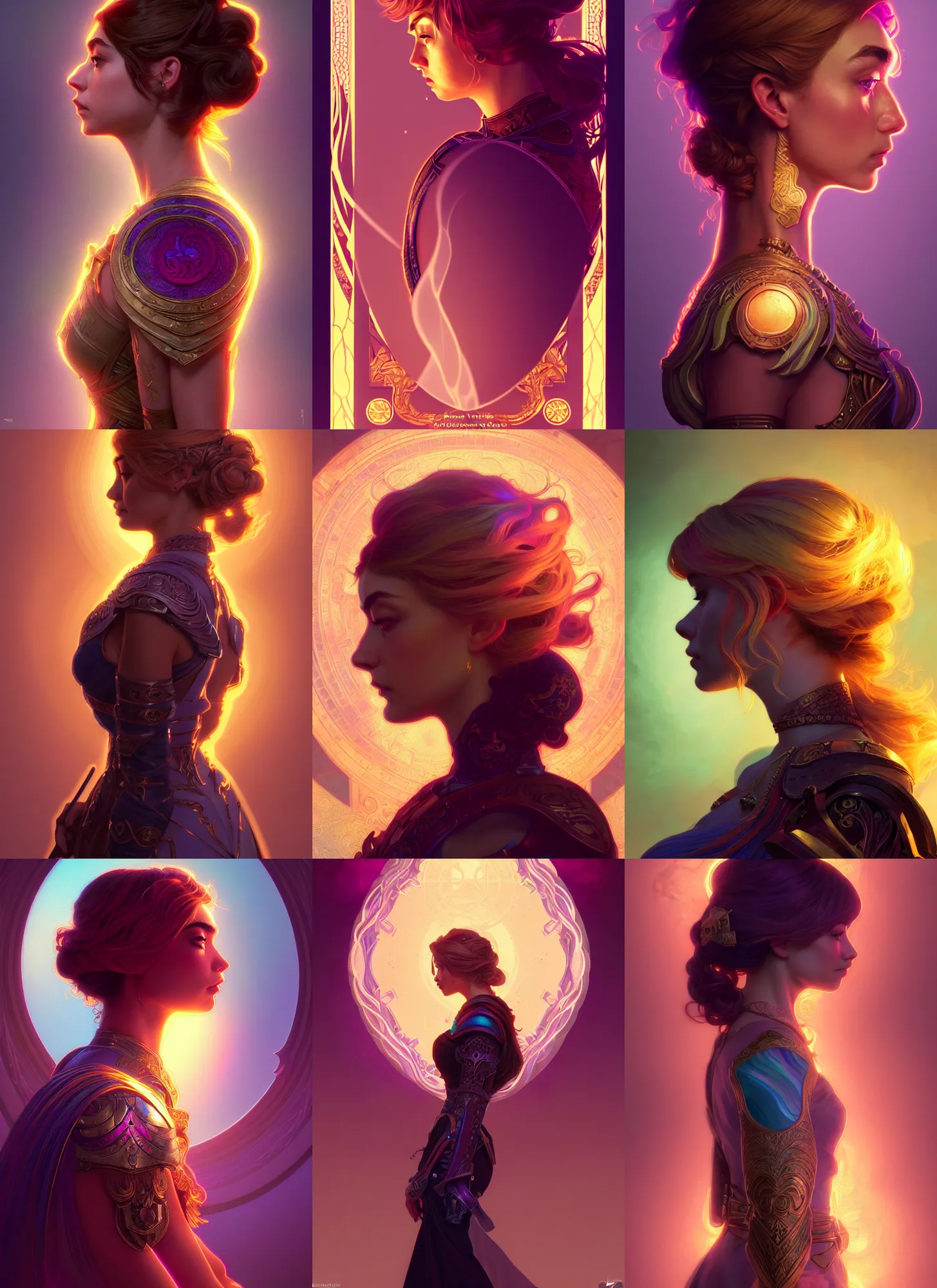 Prompt: side portrait, imogen poots, paladin!, gloomhaven, soft, smooth, luminescent, art nouveau tarot, backlit glow, colorful swirly ripples, gaudy colors, aesthetic octane render, unreal engine, 8 k, by mucha, ilya kuvshinov!, cushart krenz