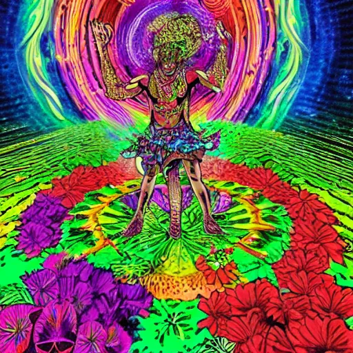 Image similar to god of psychedelics dancing in a vortex made of flowers