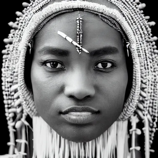 Image similar to minimalist photography portrait of an elaborately adorned female shaman warrior, face scars, symmetrical, super close up, mid thirties, cute round slanted eyes, ebony skin, wide nostrils, high cheekbones, high flat eyebrows, ethereal essence, angelic, leica 1 0 0 mm f 0. 8