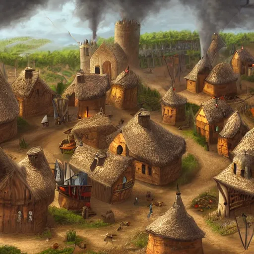 Prompt: medieval township with various workers performing different crafts, homes blacksmiths and smoked chimneys, epic, cinematic, high quality digital art, fantasy