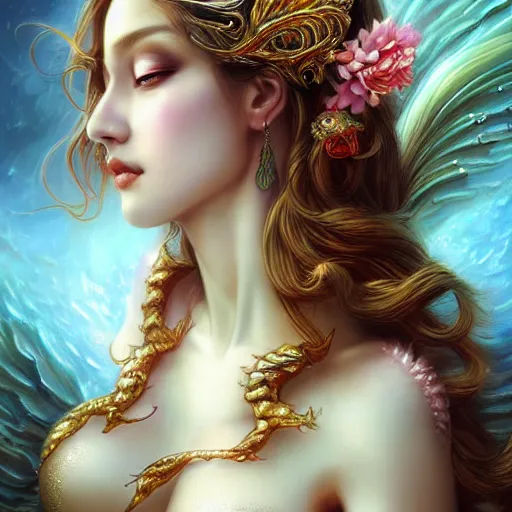 Image similar to a masterpiece ultrarealistic ultradetailed portrait of beautiful magic mermaid siren dragon lady baroque renaissance. medium shot, intricate, elegant, by stanley artgerm lau, wlop, rossdraws, andrei riabovitchev. flower background my james jeand.