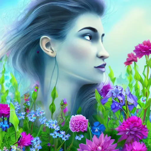 Image similar to a picture of a dreaming woman with flowers grow out of hair, roses peonies forget-me-nots dahlias lupins gladioli, sky theme in background, Digital Art, Trending on artstation