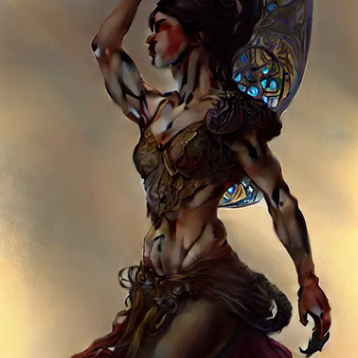 Image similar to , muscular upper body, D&D, fantasy, intricate, elegant, highly detailed, digital painting, artstation, concept art, smooth, sharp focus, illustration, art by artgerm and greg rutkowski and alphonse mucha