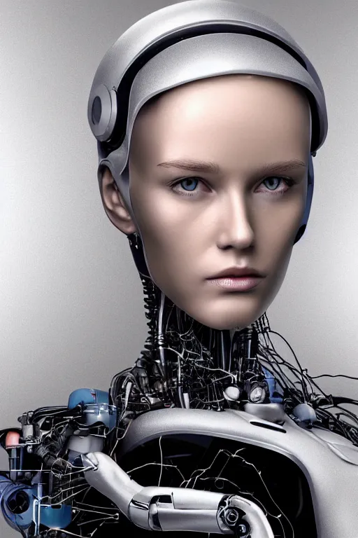 Image similar to robot with human face, female head, full body angle, woman human face, human face realistic, beautiful blonde hair, human head, human head with blonde hair, blonde hair human head, blonde hair, human realistic face, human head skin, cyborg frame concept, cyborg by ales-kotnik, sci-fi android female, the body is made of wires, robotic body, cyborg body, cyborg bust body, robot body cyborg, full body