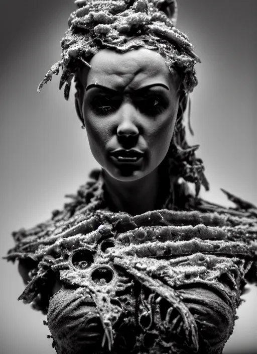 Image similar to a young female cyborg bust made of ice and smoke and wind, dramatic, ilford hp 5, closeup - view, f / 2. 8, high contrast, 1 6 k, fluorescent lamp, contre - jour, insanely detailed and intricate, hypermaximalist, elegant, ornate, hyper realistic, super detailed