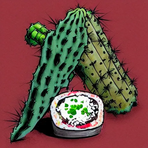 Image similar to root cactus sushi in the style of yoshitaka amano drawn by alex maleev