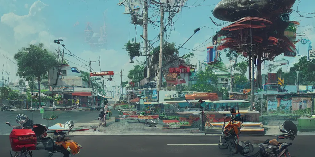 Image similar to a bangkok seaside street view with a giant weird creaturesimon stalenhag, highly detailed, digital art, realistic, trending on artstation, 4 k