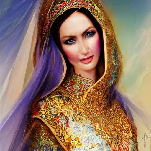 Image similar to a beautiful arabian woman wearing a wedding dress kaftan by karol bak, ayami kojima, artgerm, arabian beauty, blue eyes, smile, concept art, fantasy