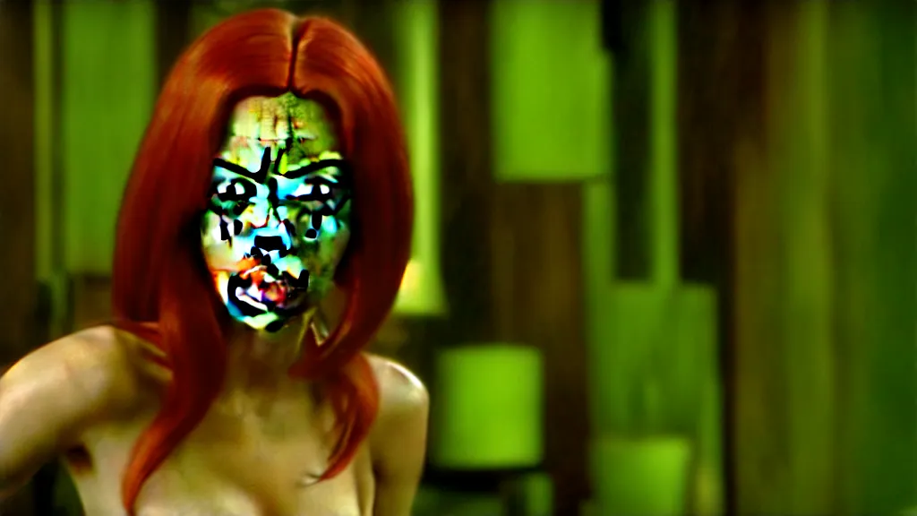 Image similar to Aubrey Plaza as Poison Ivy in The Dark Knight, green skin film still from the movie directed by Denis Villeneuve, wide lens