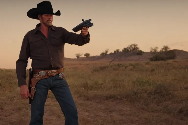 Prompt: film still of the main character cowboy standing holding a pistol in the outdoor scene in an action movie posing for the camera 2 0 2 0, 4 k wild west