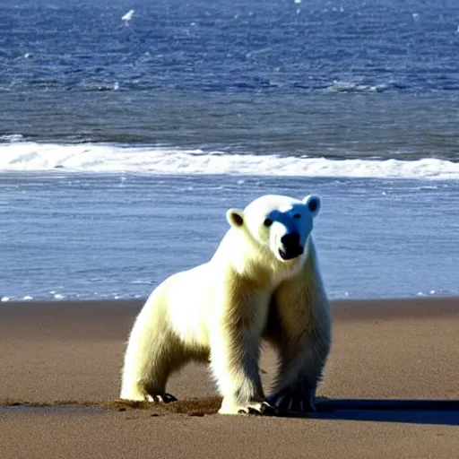 Prompt: a polar bear wearing sun glasses at beach