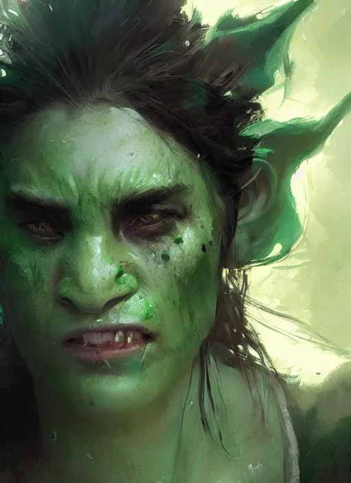 Prompt: green orc female, light green tone beautiful face, by jeremy mann, by greg rutkowski, digital painting