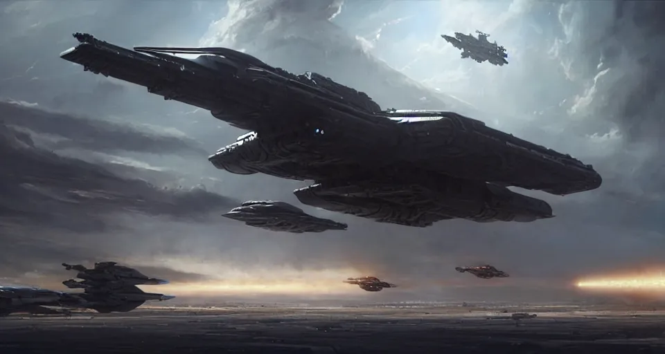 Image similar to hyper realistic sci - fi matte concept art painting of a low flying spaceship over a battlefield filled with mecha and transports, beautiful details, strong composition painted by kim jung guweta studio rutkowski, james gurney and greg rutkowski, and lucasfilm, smooth, intricate, detailed, sharp focus, cinematic