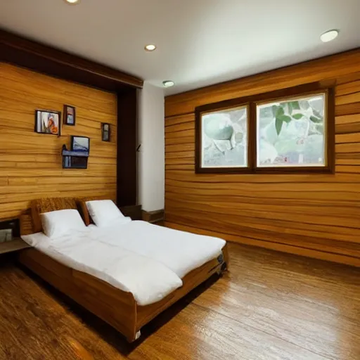 Prompt: a spacious room with a floor made out of bamboo wood, pictures on one of the walls, a bed, and a desk with a computer on top of it. - award winning, 8 k, photorealistic