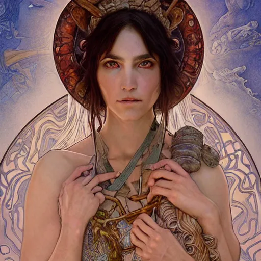 Image similar to Portrait of Princess Mononoke drawn by Donato Giancola and Tom Bagshaw, face by Artgerm, overall design by Alphonse Mucha, background by James Jean and Gustav Klimt, light by Julie Bell, 4k, porcelain skin, komorebi, french nouveau, trending on artstation, octane render, hyperrealistic