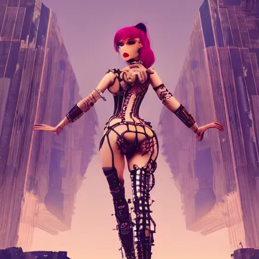 Image similar to Ultrarealist aesthetic detailed face portrait of a dollpunk wearing Abstract tech bodysuit, in front of a ruined city, epic exquisite character art, focus, looking at camera, accurate symmetric features proportions, golden ratio, ultra intricate details, award winning, unreal render