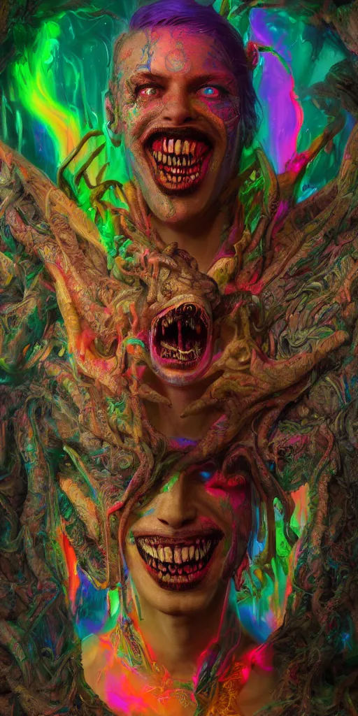 Prompt: impossibly beautiful portrait, dapper dream demon, snake man, wings, bad trip, insane smile, intricate complexity, surreal horror, inverted neon rainbow drip paint, trending on art station, photoreal, 8 k, octane render by greg rutkowski