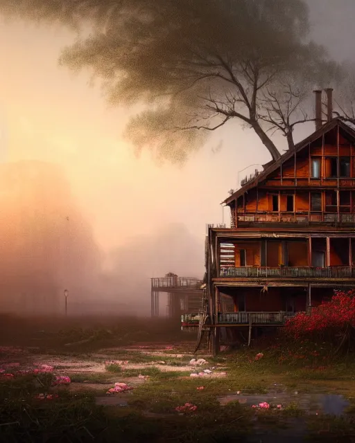 Image similar to a beautiful photorealistic illustration of city log house urbex abandoned unfinished building architecture nature building industrial architecture by ivan aivazovsky, flowers vaporwave at night at dusk fantasy, archdaily, wallpaper, highly detailed, trending on artstation.