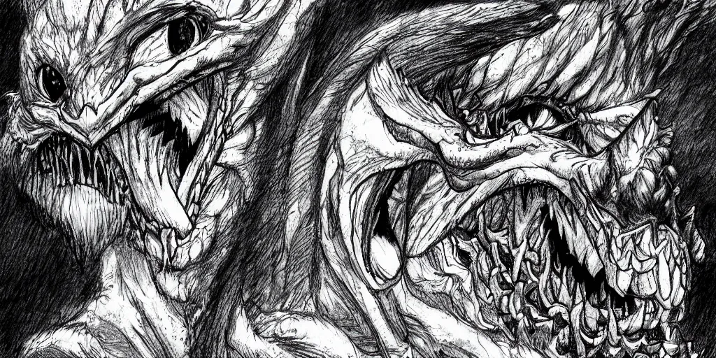 Prompt: A single dragon looking at the screen, horror, creepy, dark, manga, pencil, inspired by junji ito, superior quality, masterpiece