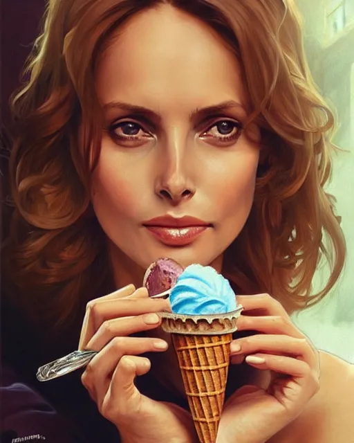 Prompt: Portrait of Barbara Bach from the bond film eating ice creams in Porto,real life skin, intricate, elegant, highly detailed, artstation, concept art, smooth, sharp focus, art by artgerm and greg rutkowski and alphonse mucha