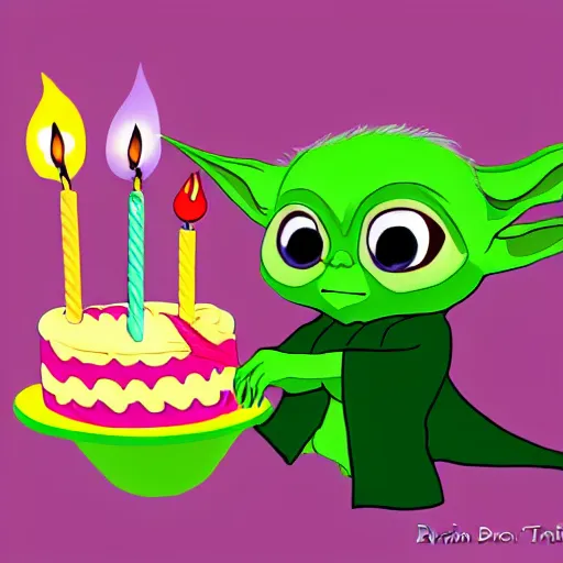 Image similar to (baby yoda) smashing birthday cake into his face, happy birthday, happy birthday candles, mischievous, inquisitive, devious, hilarious, funny, birthday wrapped PRESENTS, by Erin Hanson