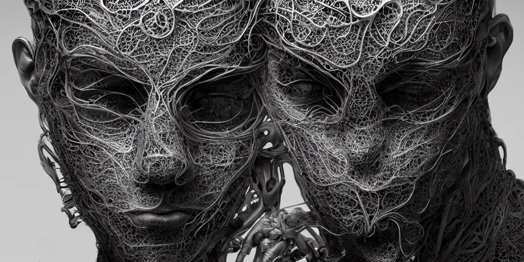 Image similar to hyperrealistic photography of a stunningly beautiful cyborg male, intimate, intricate tendril filigree, fibonacci, in the style of beth cavener, jin kagetsu, and wlop, highly detailed, chrome face symmetry, masterpiece, award winning, sharp focus, concept art, high key, ambient lighting, 8 k, octane render,