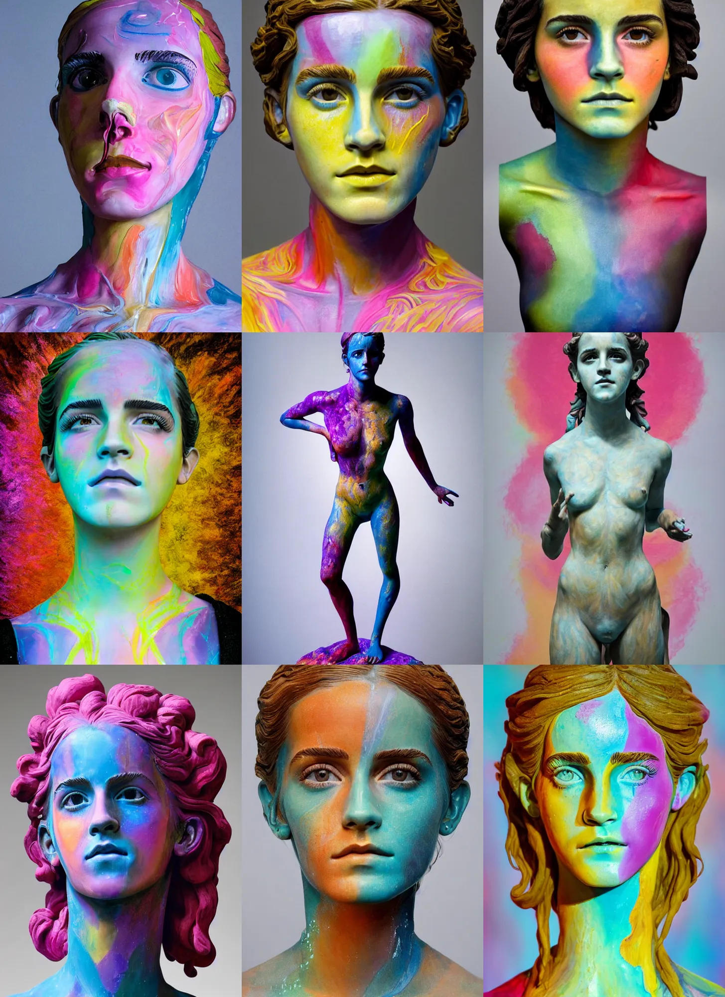 Prompt: sculpture of Emma Watson by Jean-Baptiste Carpeaux and Luo Li Rong and Michael James Talbot as venus callipygian, standing athletic pose, perfect symmetrical face, colorful, bright psychedelic colors, bodypaint, acrylic paint splashes, all body, elegant, realistic, 8K, female full-skin figure, hyperrealism, subsurface scattering, raytracing, rim light, Octane Render, Redshift, Zbrush