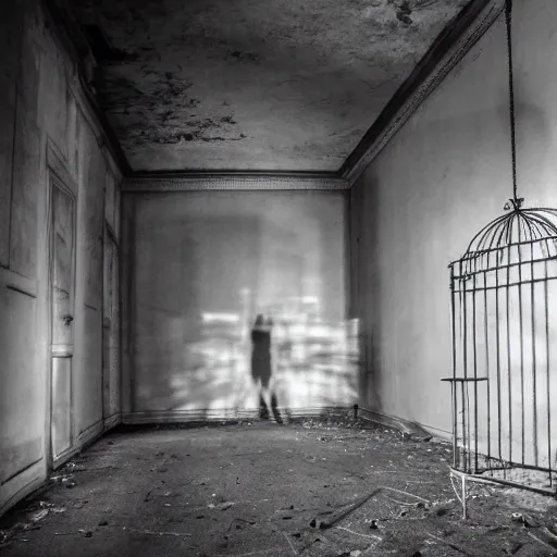 Image similar to a grainy photo of a shadowy figure in a birdcage in an old abandoned hall, black and white, motion blur, long exposure