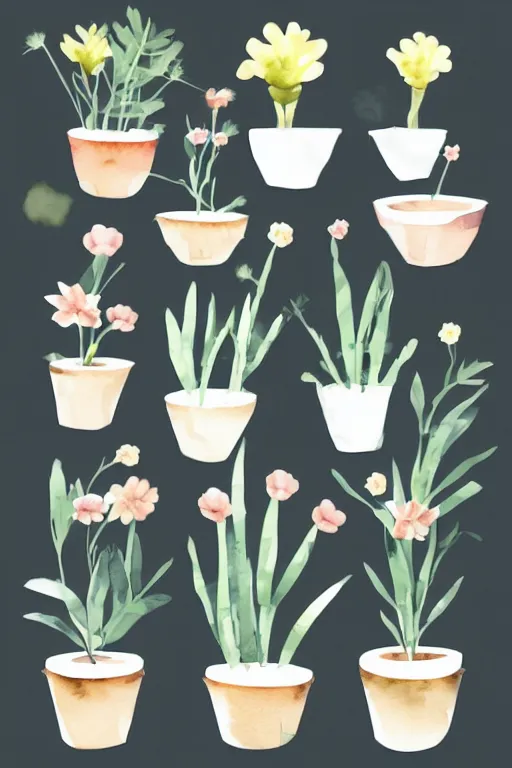 Image similar to minimalist watercolor art of cute flower pots on white background, illustration, vector art