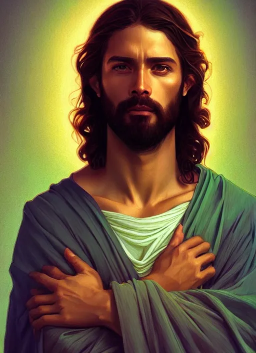 Image similar to handsome jesus, half body shot, path traced, highly detailed, high quality, digital painting, alena aenami, lilia alvarado, shinji aramaki, karol bak, alphonse mucha, tom bagshaw