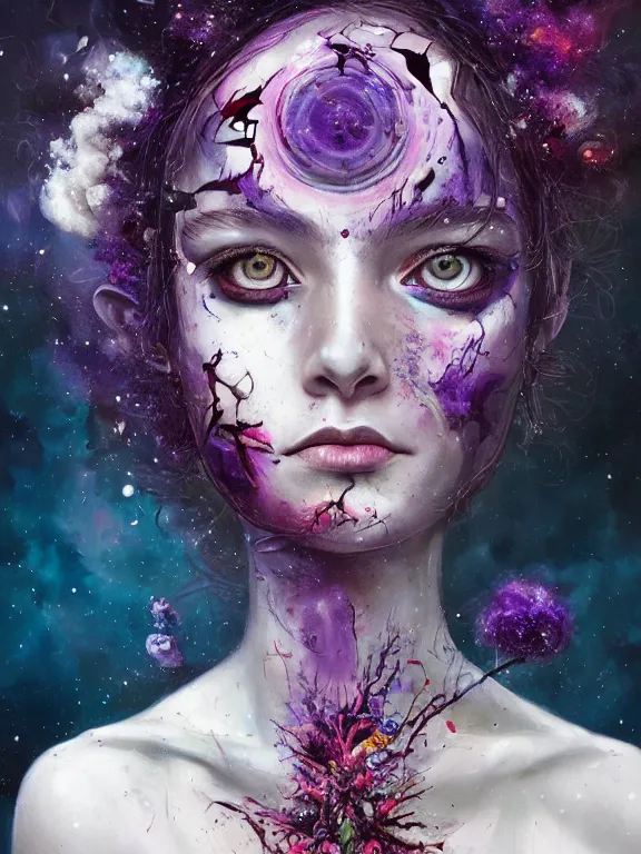 Image similar to art portrait of space decaying girl with purple eyes, with flower exploding out of head,8k,by tristan eaton,Stanley Artgermm,Tom Bagshaw,Greg Rutkowski,Carne Griffiths,trending on DeviantArt,face enhance,hyper detailed,minimalist,cybernetic, android, blade runner,full of colour