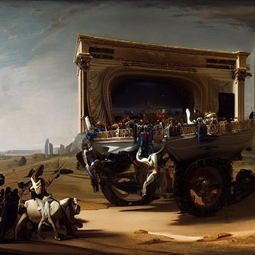 Image similar to full lenght sci-fi truck in the coronation of napoleon painting by Jacques-Louis David and point cloud in the middle and everything in form of zaha hadid architects artwork by caravaggio unreal engine 5 keyshot octane lighting ultra high detail ultra hyper realism 8k 16k in plastic dark tilt shift full-length view