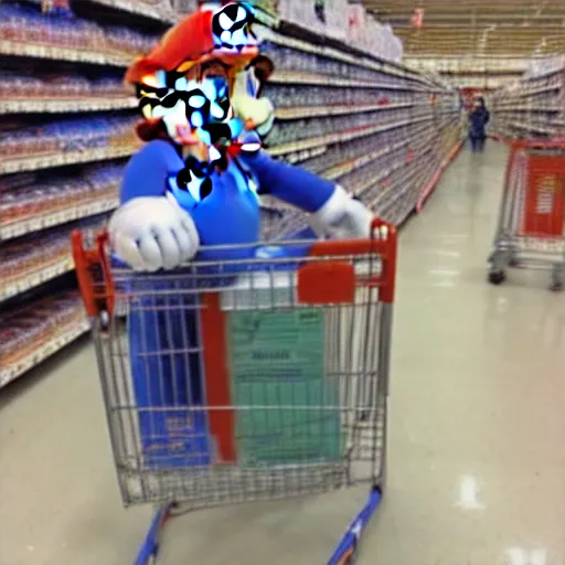 Image similar to photo of Super Mario pushing a shopping cart in Walmart