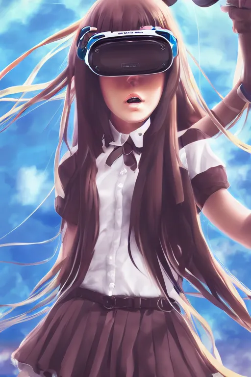 Image similar to anime girl with curly long hair wearing vr goggles and school uniform, aesthetic, wlop, digital painting, trending on artstation, highly detailed, epic composition, official media, 8 k uhd