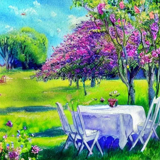 Prompt: a painting of a summer garden with white table, tall grass, chairs and apple trees, shadow, flowers, cold tones, evening, watercolor, color pensils and pastel, lovely, nostalgic, beautiful, impressionist, wonderful, art