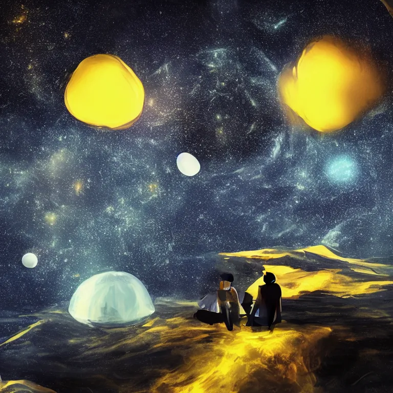 Prompt: black contrast dark style two people stuck on a very tiny floating island overlooking a centered perfectly circular supermassive black hole vast space infinite void vibrant nebula stars makoto shinkai yellow golden ecretion disc picnic table