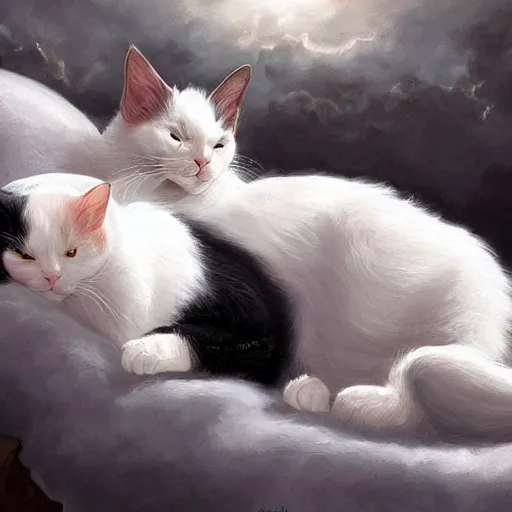 Image similar to a black and white cat and a tri-color calico cat sleeping peacefully together in cat heaven, puffy clouds, dreamy, painted by Tyler Edlin, very very very very crispy