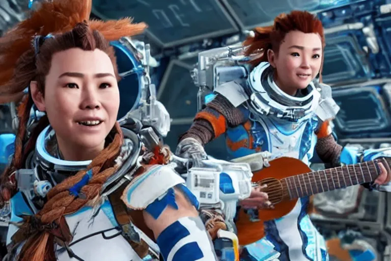 Image similar to aloy from the horizon zero dawn videogame playing the guitar in the international space station