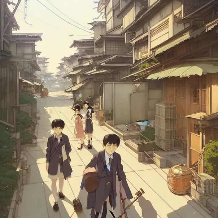 Image similar to empty tokyo neighborhood, spring, in the style of studio ghibli, j. c. leyendecker, greg rutkowski, artem