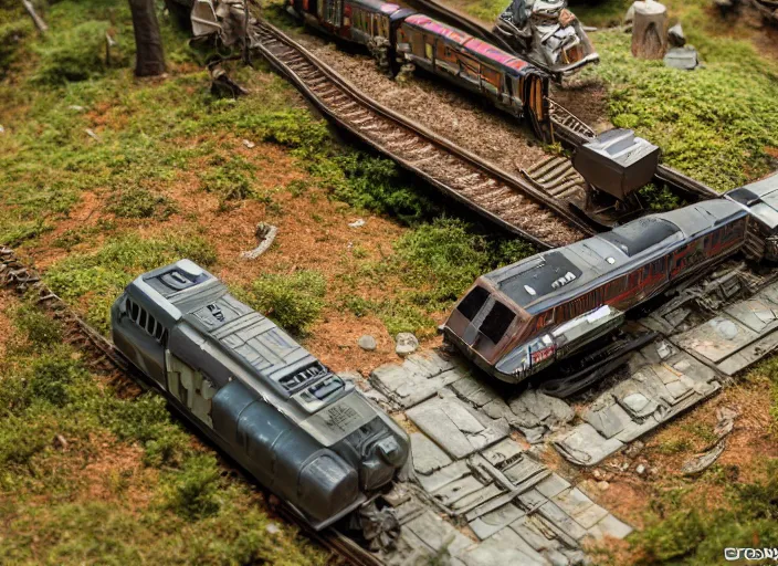 Prompt: a detailed photo of a realistic diorama with star wars toys, macro photography, zoom, model trees, train diorama