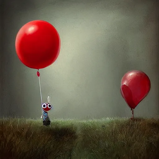 Prompt: grunge cartoon landscape portrait painting of a cartoon bunny and a red balloon by - michal karcz, loony toons style, pennywise style, horror theme, detailed, elegant, intricate