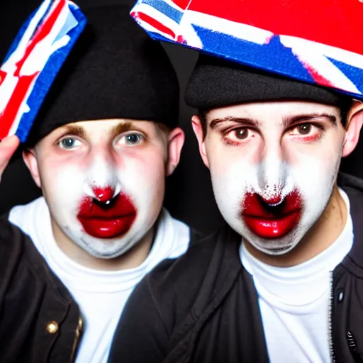 Prompt: mid-shot portrait photograph of two male British chav youths holding knives, with white powder on their faces, wearing the Union Jack, and wearing fez caps, high quality